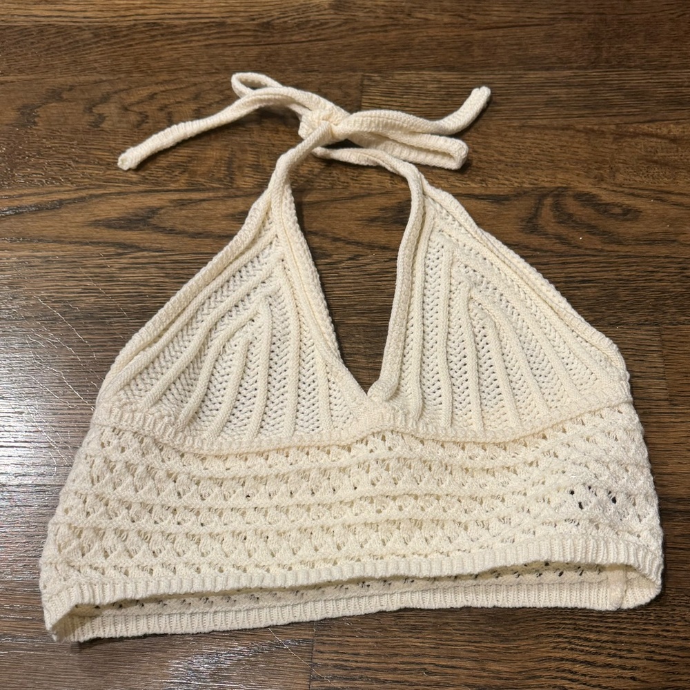 Apricot V-Neck Halter Knit Crop Top